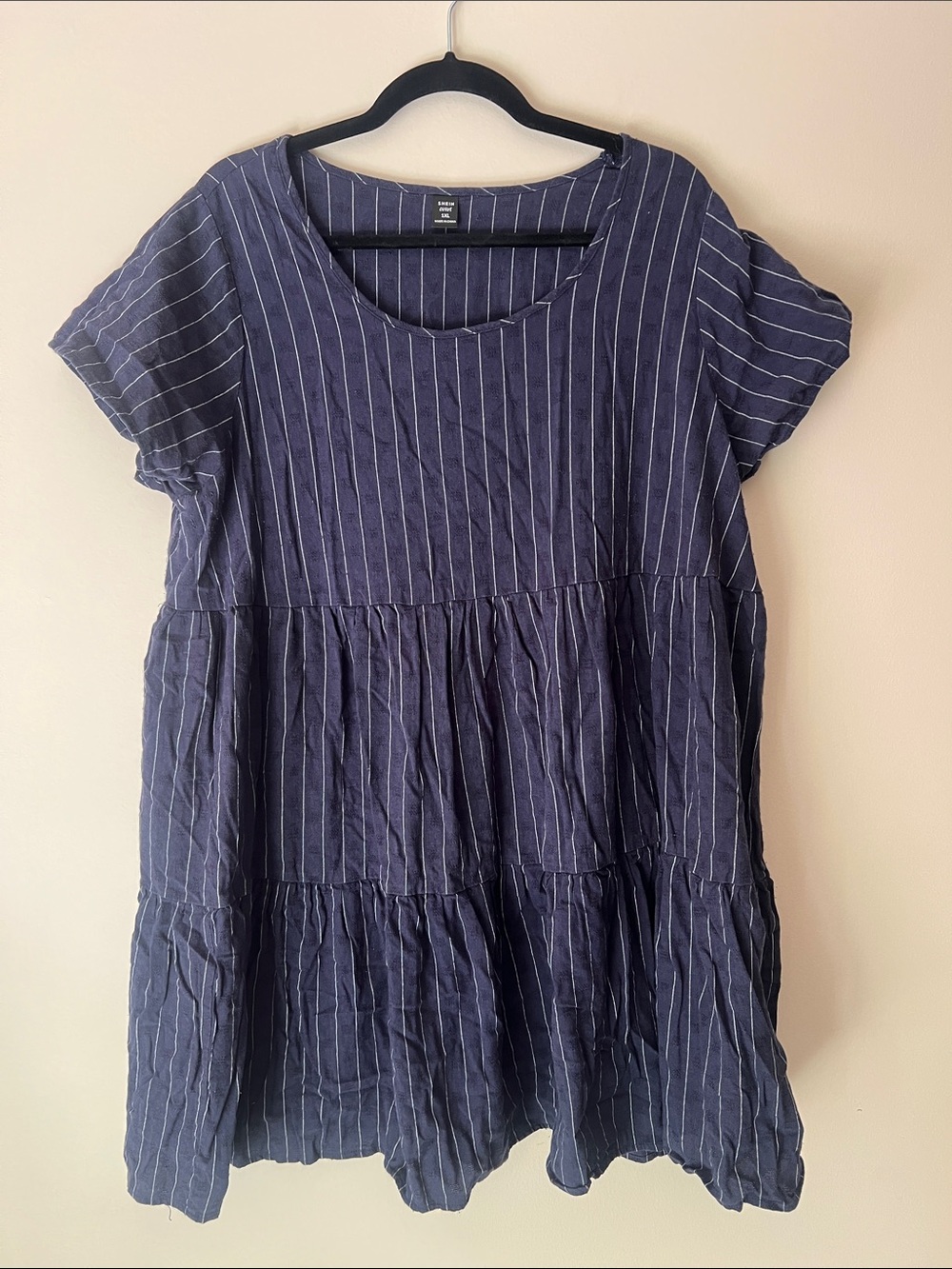 SHEIN Navy Pinstripe Short Sleeve Tiered Tunic